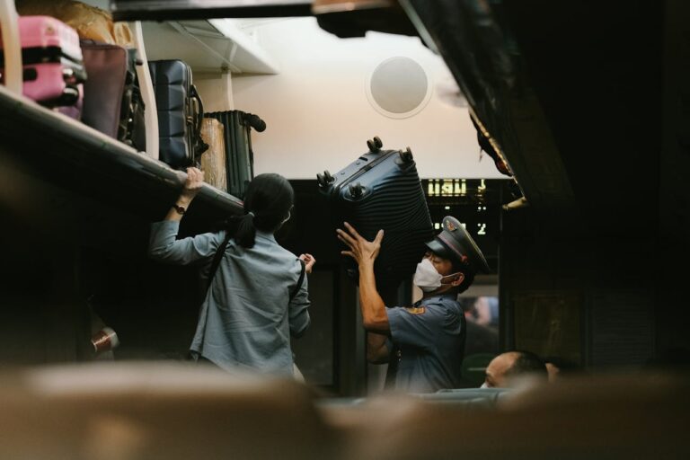 Train attendant helps passenger with luggage in overhead compartment during travel.